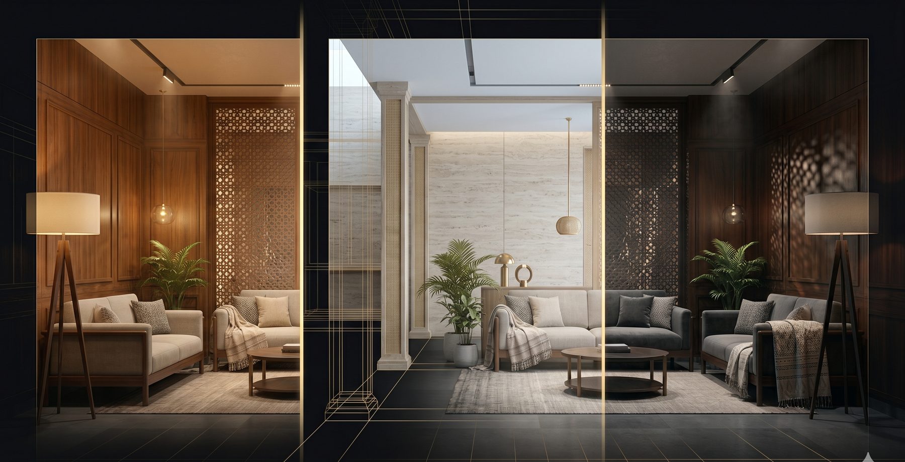 The same Indian living room shown in three material moods, divided by thin champagne-gold seams of light