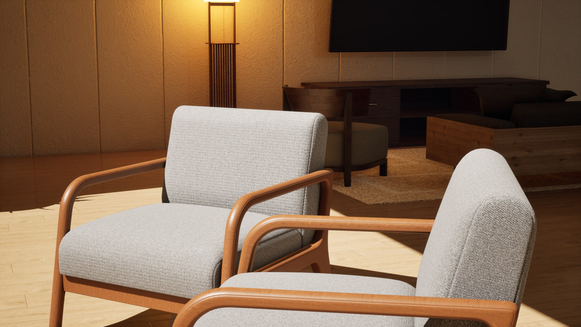 Lounge chairs by the window in warm evening light