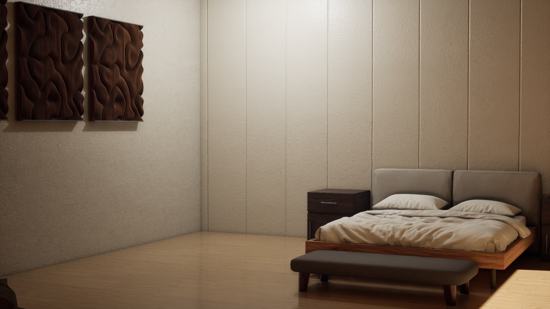 Bedroom with soft linen and warm timber panelling