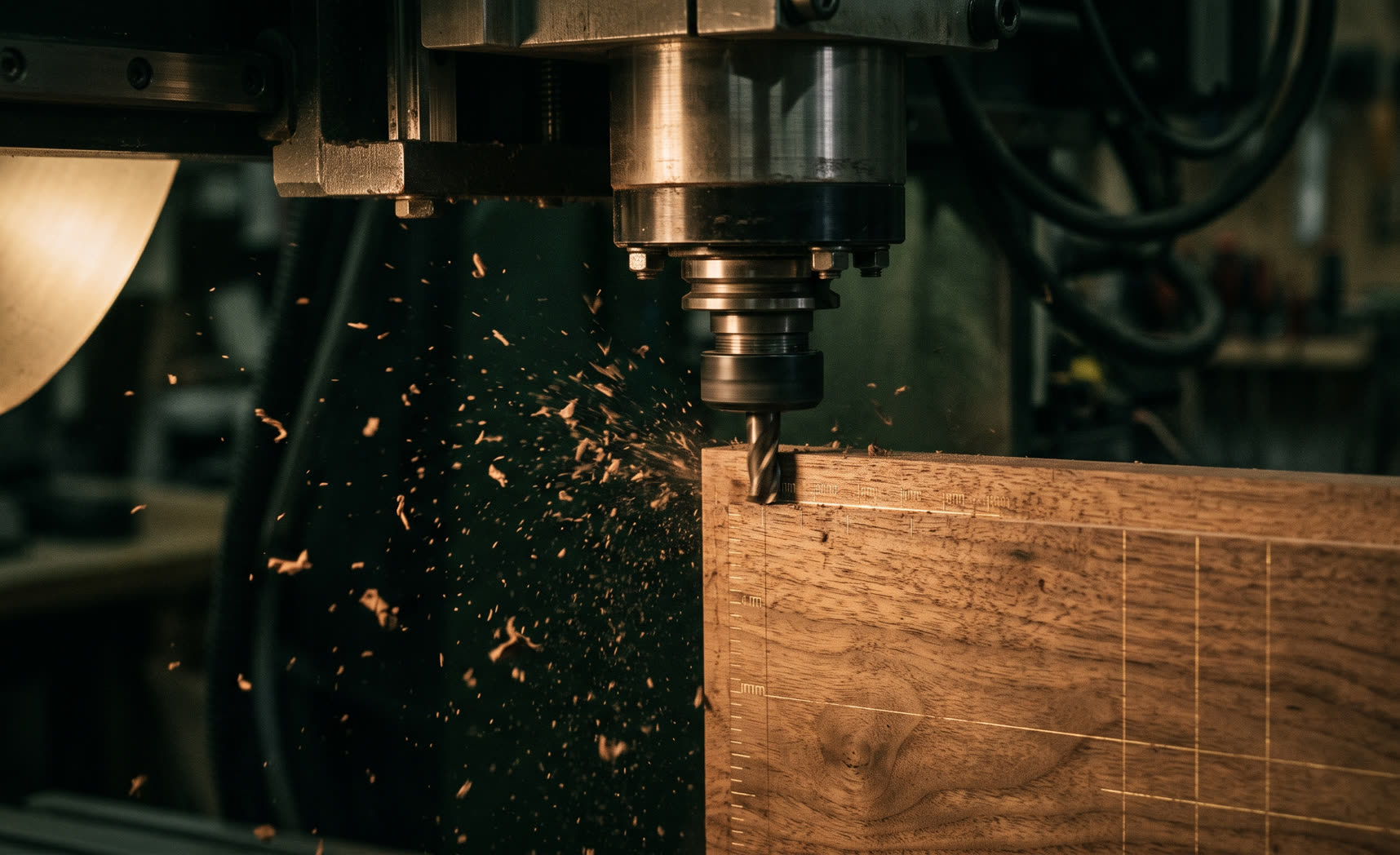 A machine cutting timber to exact measure under warm light