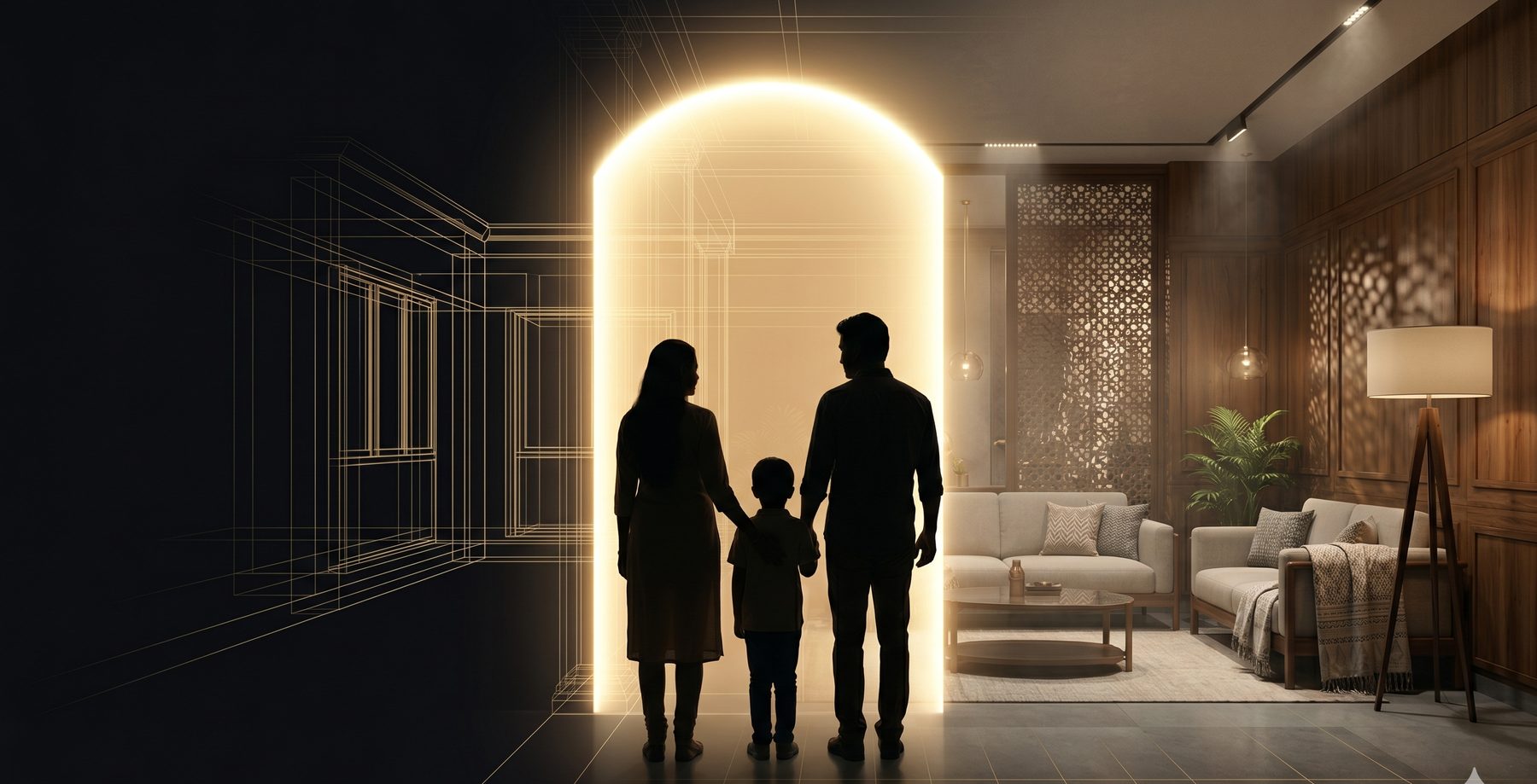 A family walking together toward a glowing doorway that opens into a warm, fully realised Indian living room